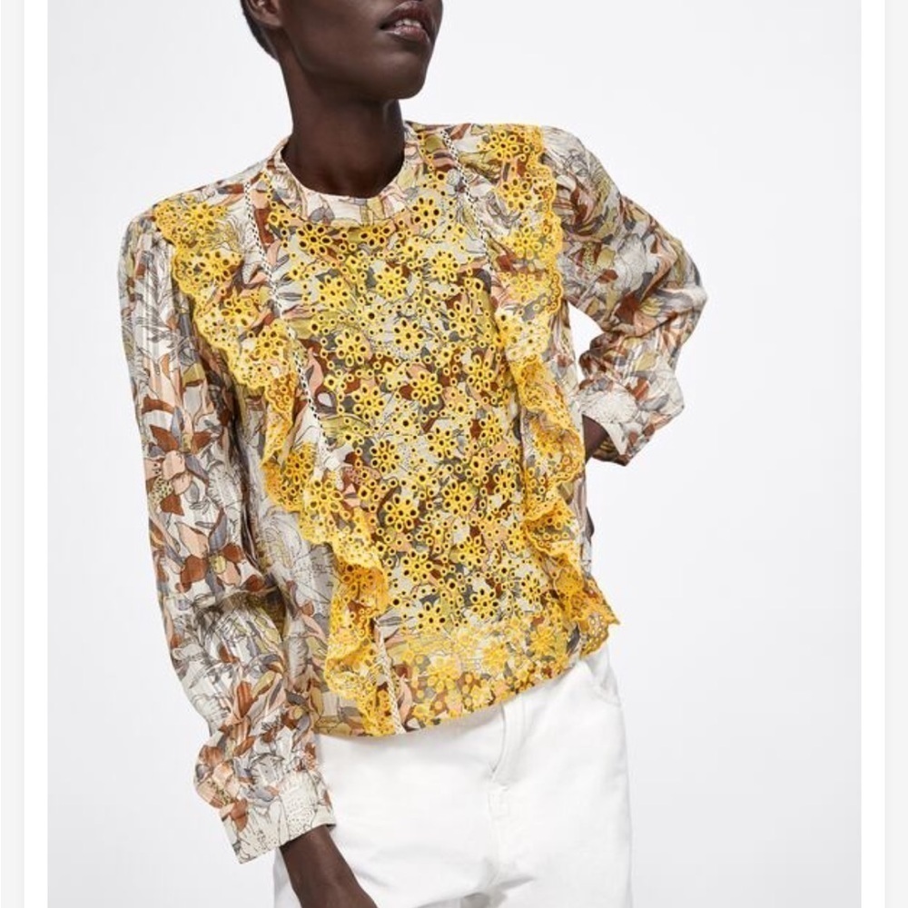 Zara Woman Yellow Embroidered Floral Print Silver Thread Blouse Ruffle Eyelet XS